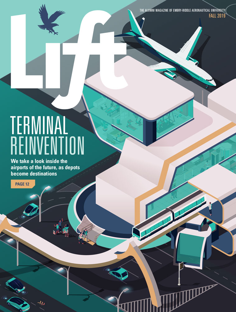 magazine cover illustration of airport terminal