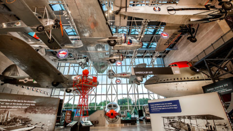 Planes hang from the ceiling as part of a new Air & Space Museum exhibit.
