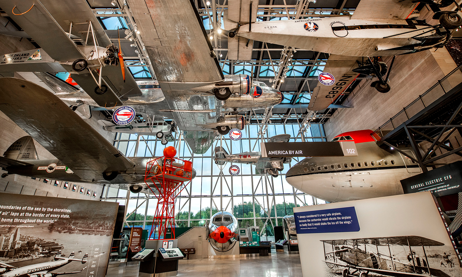 Planes hang from the ceiling as part of a new Air & Space Museum exhibit.