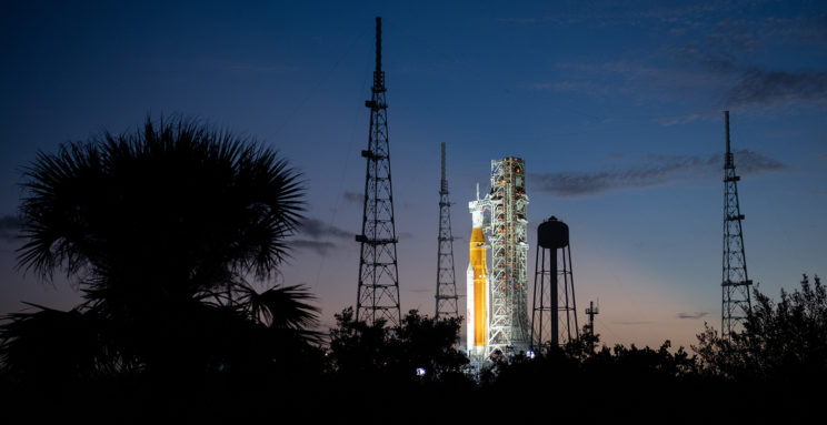 Artemis I on the launchpad at night