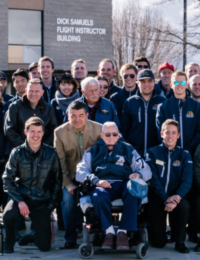Dick Samuels with the flight team for the dedication of a building in his name.