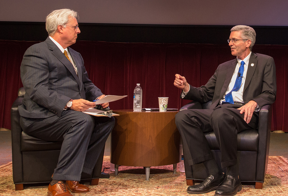 President of Embry-Riddle, Dr. P. Barry Butler is interviewed by Marc Bernier during the Embry-Riddle Speaker Series at Embry-Riddle Aeronautical University, in Daytona Beach, April 23, 2017. (Embry-Riddle/David Massey)
