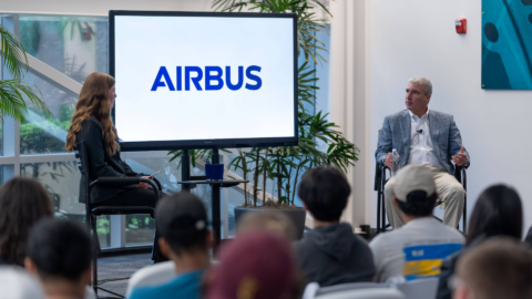 Jeff Knittel, CEO of Airbus America, is interviewed by Aeronautical Science Student Madison Seymour in front of ERAU students during Aviation Week 2023.