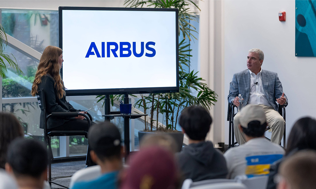 Jeff Knittel, CEO of Airbus America, is interviewed by Aeronautical Science Student Madison Seymour in front of ERAU students during Aviation Week 2023.