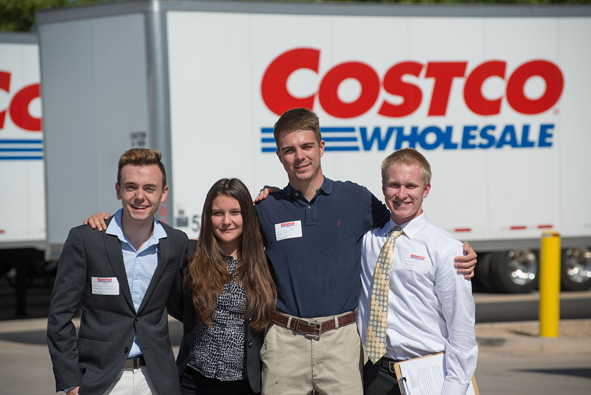 Prescott Campus students, from left, Lucas Mackey, Jessalyn Hernandez, Carsen Cooper and Chad Kibler, studied operations at the Costco Wholesale distribution center in Tolleson, Ariz., this past spring. (Photo by A Storybook Moment Photography)