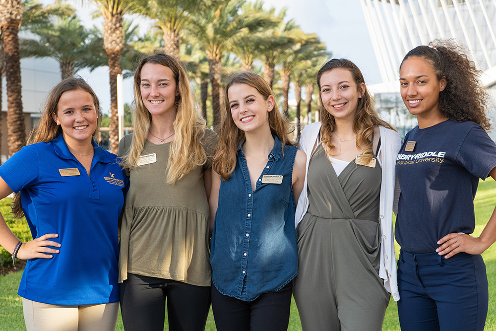 The mentors of the Aeronuatical Science Women’s Ambassador Mentoring Program, from left, Brittany Porter, Libby Rogers, Anna Wolff, Lindsay Cosby and Alina Gagliola.