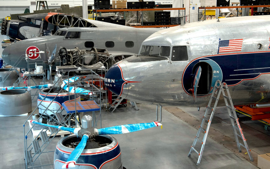 Planes in the Mary Baker Engen Restoration Hangar at the National Air and Space Museum