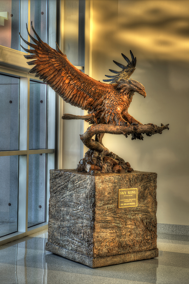 Sky King, a bronze American bald eagle sculpture in the Jim Henderson Administration and Welcome Center. Artist: Vic Payne