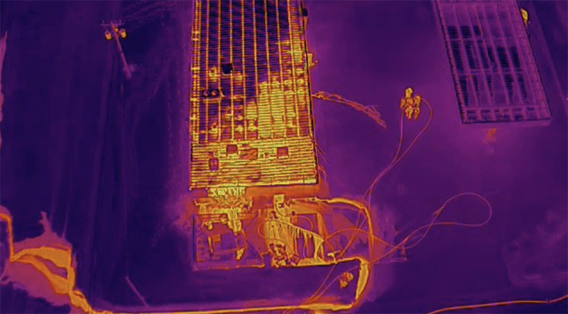 A drone infrared view of a building fire