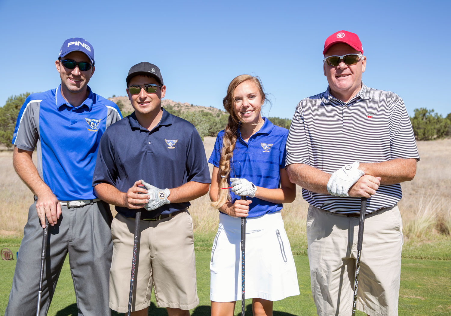 The 26th Annual Alumni Golf Tournament’s winning foursome: Tim Van Ness (’13, PC), Ethan Harman (’14, PC), Calli Gallacher (’17, PC) and her father, Kevin Gallacher. (David Massey photo)