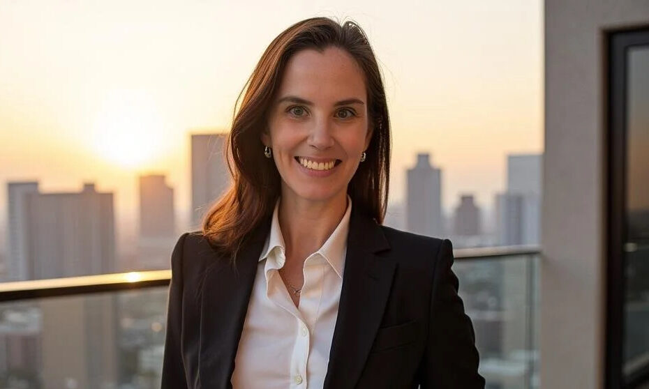 Ashley Fairman stands on balcony in front of city skyline