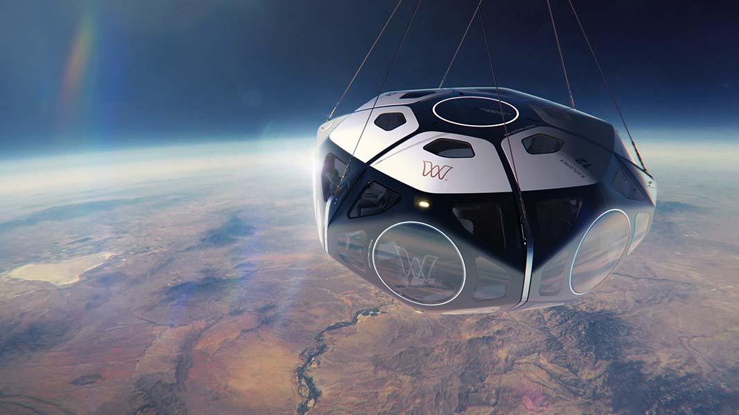 Rendering of a pressurized ultra-high-altitude capsule with a mountain range far below