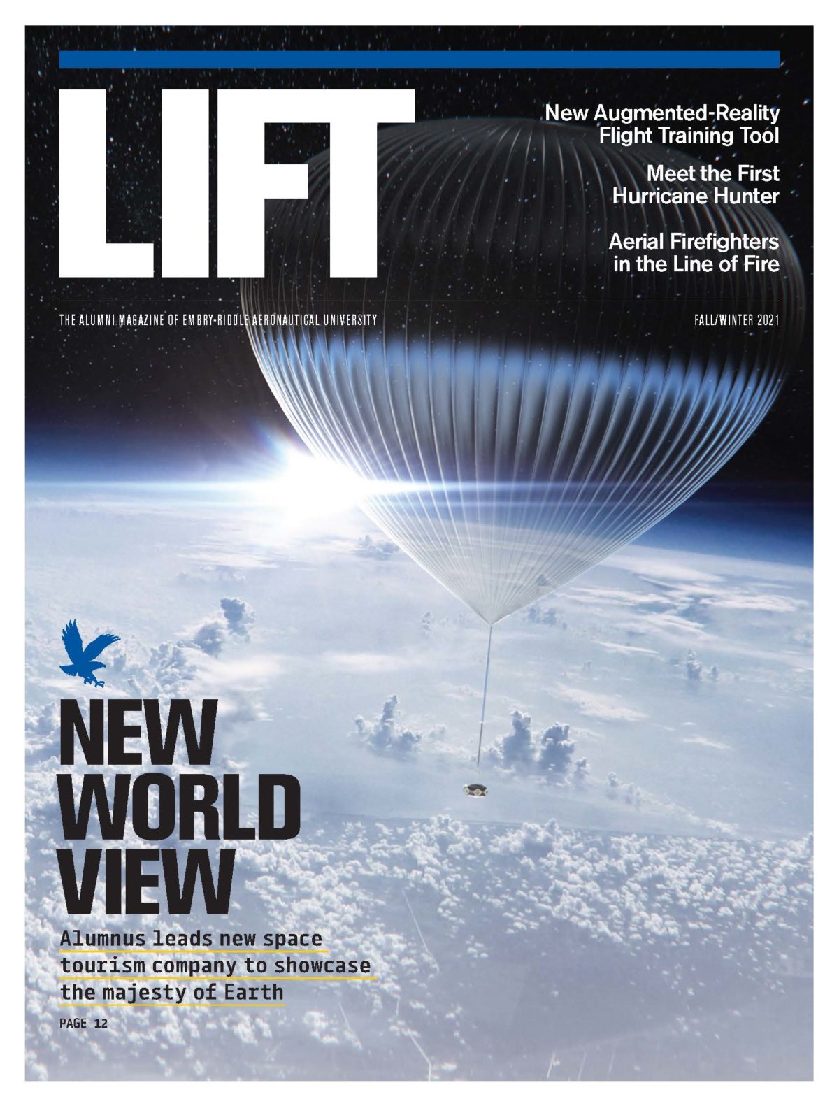 Cover of Lift Magazine depicting a large balloon lifting a passenger capsule high above the Earth