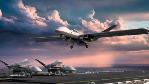 General Atomics MQ-9B STOL is taking off from an aircraft carrier in an artist rendering.