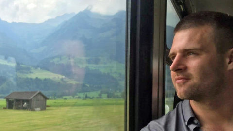 Erik Lentz inside a train car