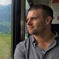 Erik Lentz inside a train car