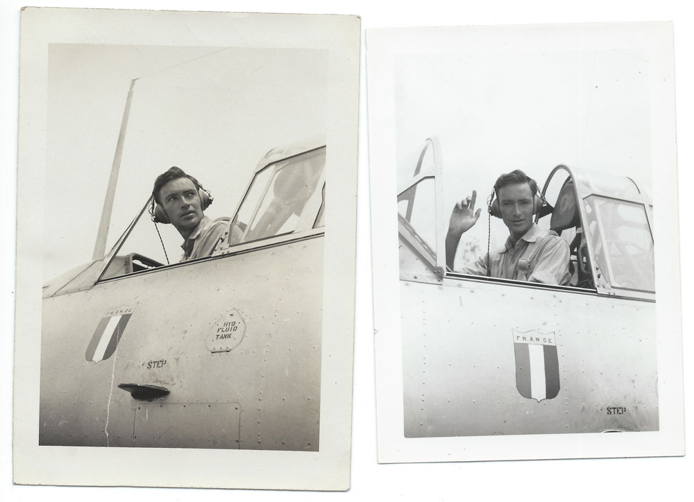 Two vintage photos of Frederick Brittain in the cockpit of a French AT-6 plane.