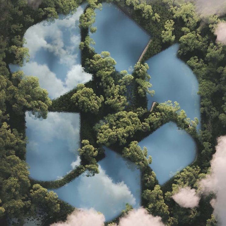 aerial illustration of a forest with lakes in the shape of the recycling symbol