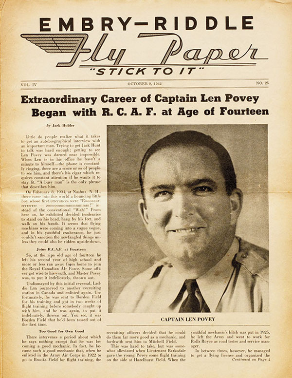 Old newspaper clipping of the Embry-Riddle Fly Paper showing a cover story on Len Povey